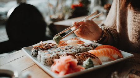 A person is using chopsticks to pick up a piece of sushi from a white plater filled with various sushi rolls and nigiri.の素材