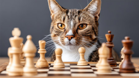 A tabby cat intently watches a chess game, with chess pieces in the foreground.の素材