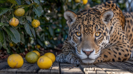 A majestic jaguar with intense yellow eyes is captured in a close-up shot, resting on a wooden deck beside a branch laden with ripe oranges.の素材
