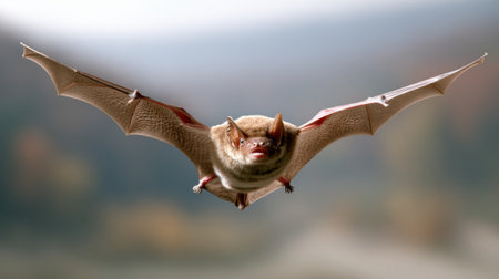 A detailed close-up shot of a bat flying towards the camera, its wings fully extended, showcasing its leathery membranes and facial features.の素材