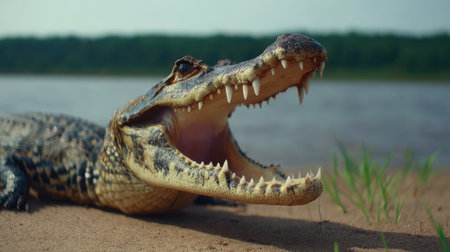 A caiman lies on the sandy bank of a river with its agape jaws, revealing its formidable teeth and powerful snout.の素材