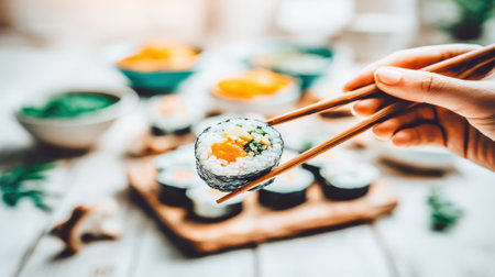 A hand uses chopsticks to pick up a single sushi roll from a plater of sushi, with small bowls of condiments in the background.の素材