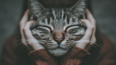 A tabby cat with closed eyes rests its head on a person's hands, creating a serene and intimate portrait.の素材