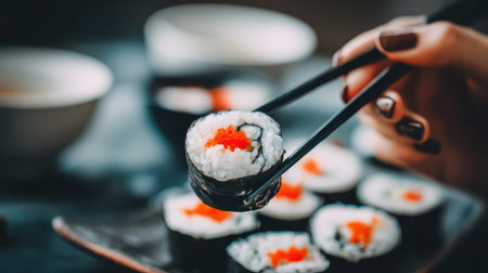 A detailed close-up shot of a hand using chopsticks to pick up a sushi roll from a plate filled with various sushi pieces.の素材