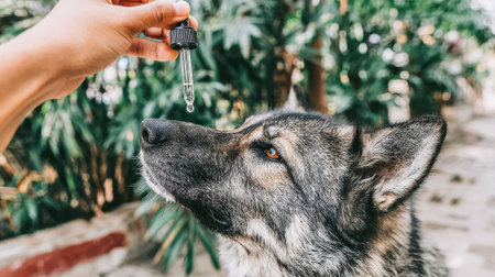 A persons hand holds a dropper with a drop of liquid, offering it to a dogs nose. The dog looks up attentively.の素材