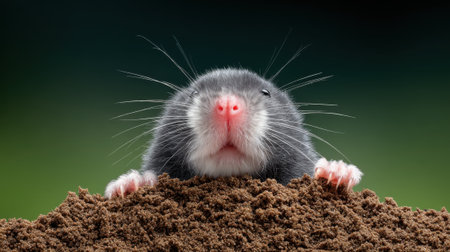 A small mole with pink nose and paws peeks out from a pile of dirt, its whiskers spread wide.の素材