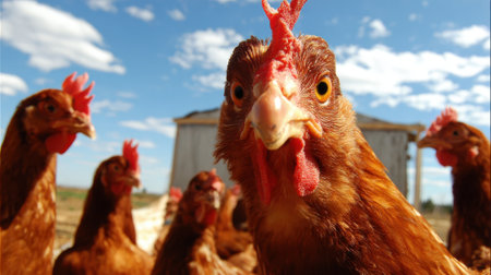 A group of chickens on a farm, with one chicken front and center looking directly into the lens.の素材
