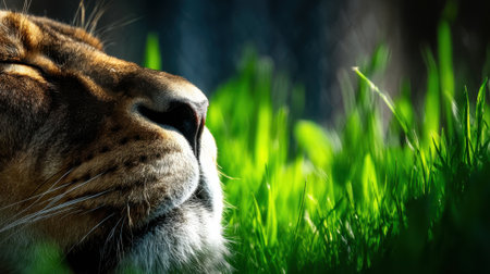 A detailed close-up of a lions face, with its textured fur and intense gauze, emerging from vibrant green grass, showcasing the beauty of wildlife in its natural environment.の素材