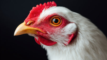 A detailed close-up shot of a white chickens head, highlighting its bright red comb and wattle, set against a stark black background.の素材