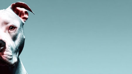 A striking close-up of a white pitbull dogs face, its gauze fixed to the side, set against a solid blue backdrop.の素材