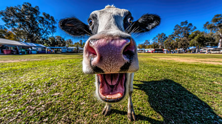 A wide-angle shot captures a cows face up close, its mouth wide open as if mooing or laughing, set against a grassy field and trees.の素材