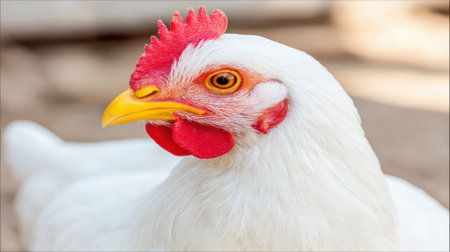 A detailed close-up shot of a white chickens head, highlighting its vibrant orange eyes and prominent red comb.の素材