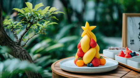 A festive and artistic dessert shaped like a Christmas tree, made with fresh mangoes and assorted berries, presented on a plate.の素材