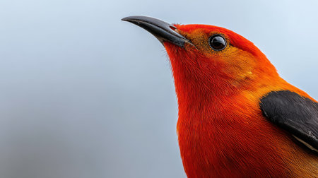 A detailed close-up of a bright red bird, likely a Hawaiian honeycreeper, showcasing its dark wings and sharp, curved beak. The background is a soft, out-of-focus blue.の素材