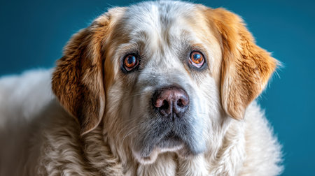 A heartwarming close-up of a Saint Bernard dogs face, showcasing its kind expression and fluffy fur against a blue background.の素材