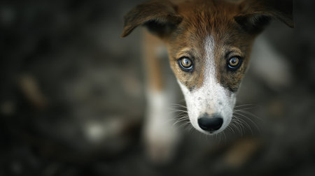 A close-up shot of a stray dogs face, its large, expressive eyes conveying sadness and hope as it looks upwards.の素材