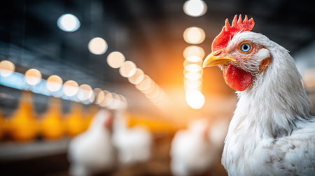 A white chicken with bright eyes and a red comb is in the foreground of a poultry farm, with blurred chickens and warm lights in the background.の素材