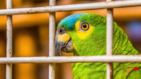 A detailed close-up of a green parrot with striking blue and yellow markings on its head, looking out from behind the bars of its cage.の素材