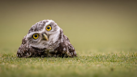 A small burrowing owl with bright yellow eyes looks directly at the camera, its head tilted curiously. The owl is lying low in the green grass.の素材