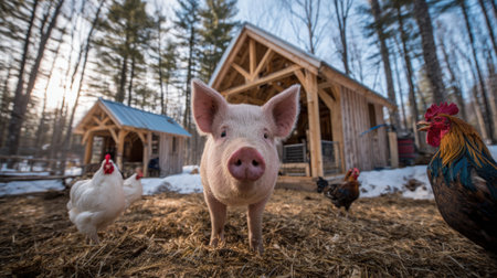 A close-up of a curious piglet with chickens in the background on a farm with wooden structures during winter.の素材