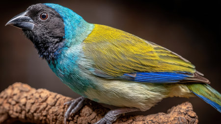 A close-up shot of a vibrant finch with blue, yellow, and green plumage sitting on a textured branch.の素材