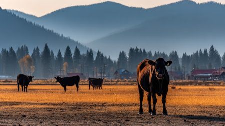 Cows graze peacefully in a sun-drenched field, with rolling mountains and pine trees in the background during a serene sunrise.の素材