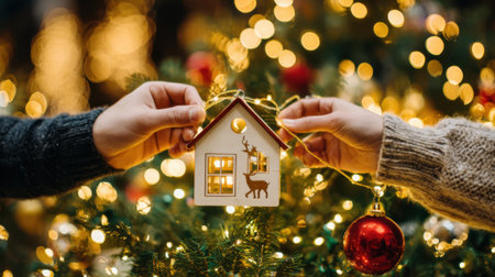 A close-up shot of two people holding a small house ornament decorated with a reindeer, against a bokeh background of Christmas tree lights.の素材