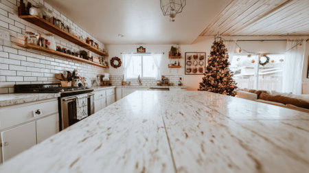 A warm and inviting kitchen decorated for Christmas, featuring a beautifully adorned tree, festive wreaths, and a long wooden countertop.の素材