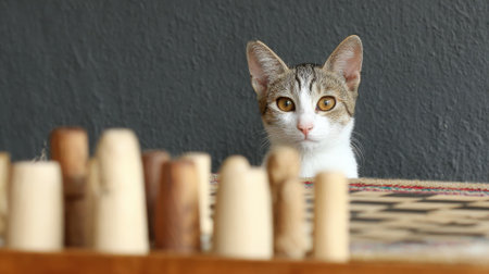 A tabby kitten with striking eyes looks directly at the camera, peeking over a row of wooden chess pieces arranged on a table.の素材