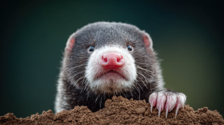 A curious mole peeks out from its underground home, its distinctive pink nose and sharp claws prominent against the dark earth.の素材