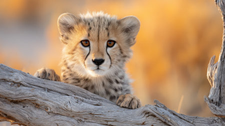 A cute cheetah cub with striking eyes looks directly at the camera, resting its paws on a weathered tree branch during a warm sunset.の素材
