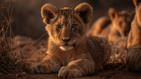A close-up of a young lion cub lying down, looking directly at the camera with curious eyes. The soft, golden light highlights its fluffy mane and patterned fur.の素材