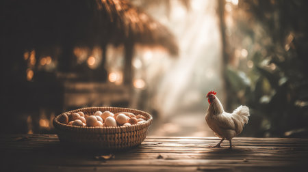A white chicken with a red comb stands on a wooden surface next to a basket filled with bread. The scene is lit by soft, natural light filtering through trees.の素材