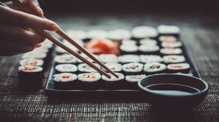 A person uses chopsticks to pick up a piece of sushi from a large assortment of sushi rolls arranged on a dark platter, with a small dish of soy sauce nearby.の素材