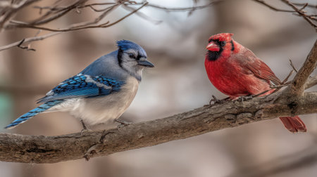 A vibrant blue jay and a striking red cardinal sit on a bare tree branch, facing each other, with a soft, blurred winter background.の素材