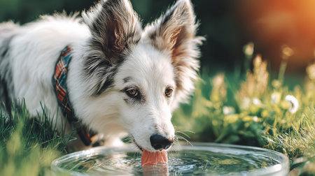 A close-up shot of a Border Collie dog drinking water from a clear bowl, with lush green foliage in the background.の素材