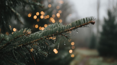 A detailed close-up of a pine branch adorned with glowing bokeh lights and glistening water droplets, set against a soft, misty background.の素材