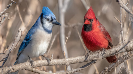 A vibrant blue jay and a bright red cardinal sit side-by-side on a bare tree branch, showcasing their contrasting colors against a muted background.の素材