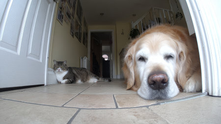A close-up of a senior dogs face with a cat in the background, both appearing relaxed in a home environment.の素材