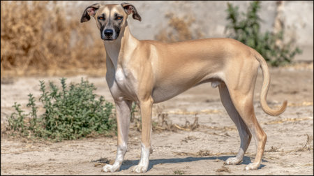A graceful Sloughi dog with a tan coat stands alertly in a dry, outdoor setting with sparse vegetation.の素材