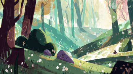 A whimsical forest scene with glowing flora and mysterious creatures, bathed in ethereal light.の素材