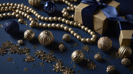A luxurious arrangement of gold Christmas ornaments, beads, and a gift box with a blue ribbon on a dark background, evoking a festive and elegant holiday mood.の素材