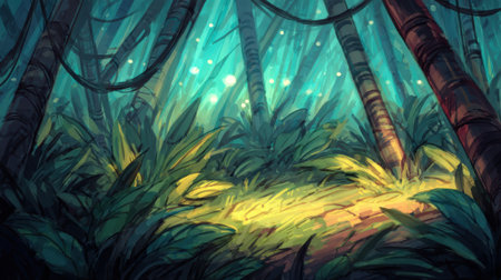 A mystical forest scene with lush green foliage and glowing light beams filtering through the trees.の素材