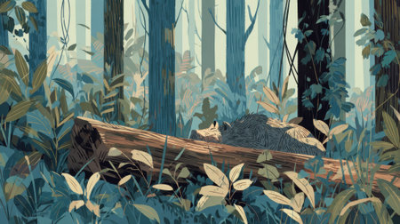 A serene forest landscape featuring a fallen log surrounded by dense foliage and tall trees.の素材