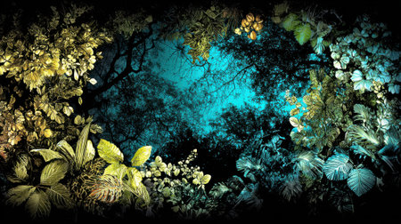 A mystical forest floor illuminated by vibrant blue bioluminescence, surrounded by lush green and yellow foliage.の素材