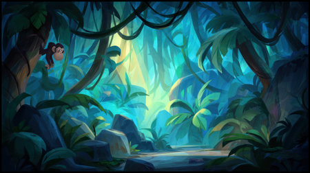 A vibrant, mystical jungle path bathed in ethereal sunlight, with lush foliage and ancient vines creating a sense of wonder and adventure.の素材