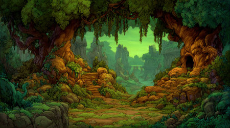 A mystical forest path winding through ancient, gnarled trees, bathed in an ethereal green light, creating a sense of wonder and mystery.の素材