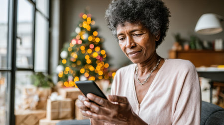 An elderly African American woman smiles while looking at her smartphone, with a decorated Christmas tree and gifts in the background.の素材