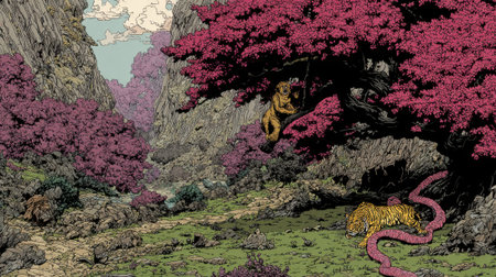 A surreal and colorful fantasy landscape featuring a monkey perched on a tree branch amidst lush, alien flora and rocky mountains.の素材