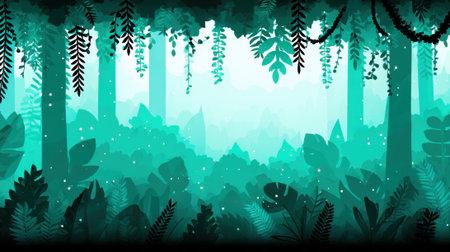 A mystical jungle scene bathed in emerald light, featuring dense foliage, hanging vines, and a soft, ethereal fog.の素材